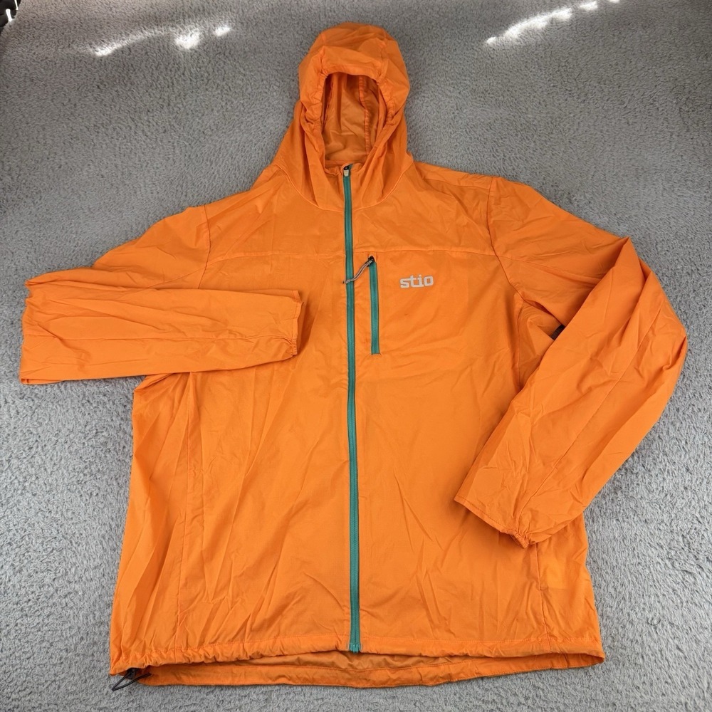 Stio Jacket‎ Mens Medium Orange Hooded Lightweight Windbreaker Full Zip Hiking